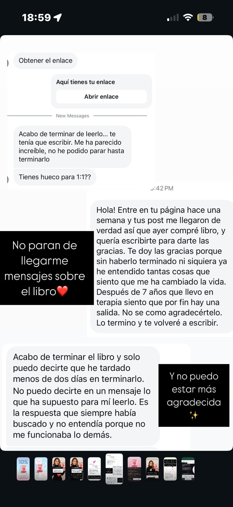 Conversación de WhatsApp de una lectora contando lo que cambió al leer el libro.